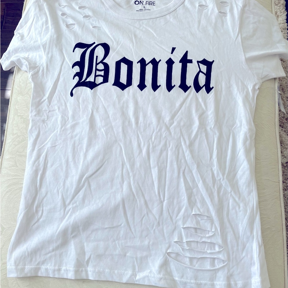 White ON FIRE BONITA T-Shirt, Size‎ Large, 100% Cotton